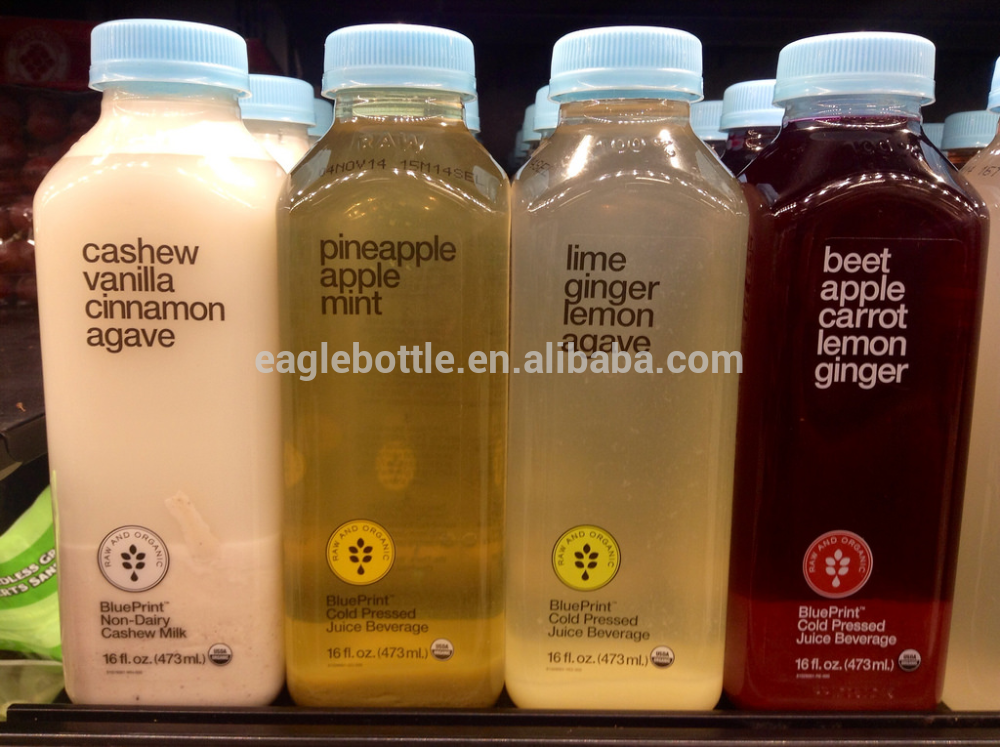 cold pressed juice bottle 250ml 300ml 500ml clear glass french square bottles with plastic screw cap