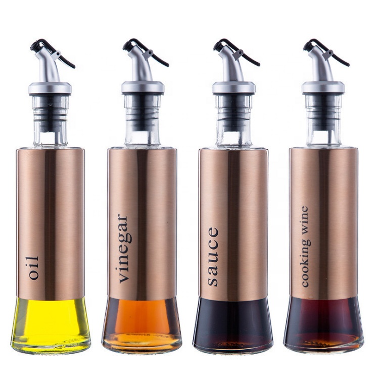 copper vinegar Salad Dressing Cruet container 300ml empty glass cooking wine bottle with pourer for sauce olive oil packaging