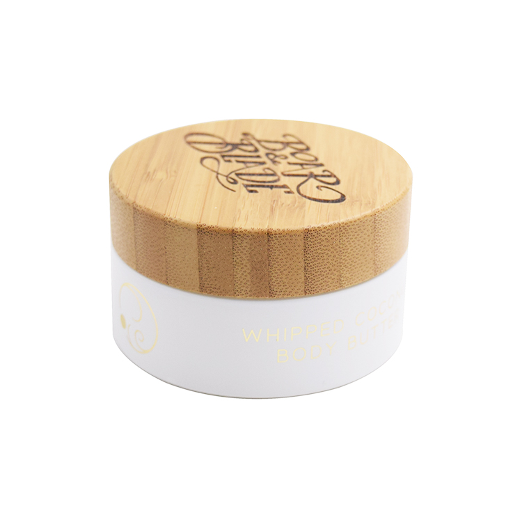 cosmetic bamboo packaging 100g white glass jar with bamboo lid logo engraving