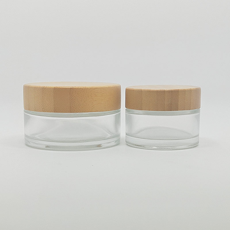 cosmetic cream bamboo glass jar 100ml with transparent glass