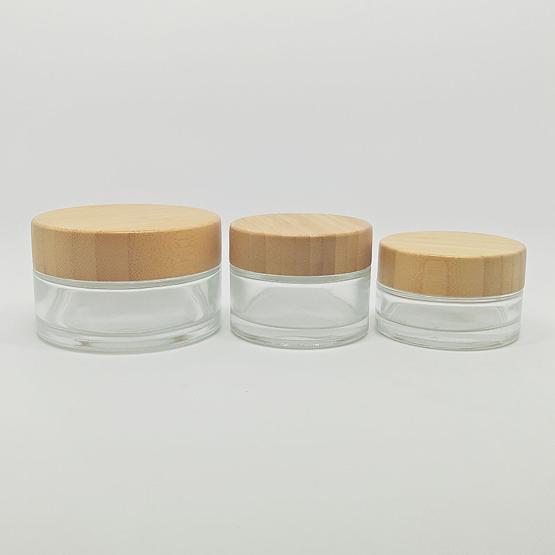 cosmetic cream bamboo glass jar 100ml with transparent glass