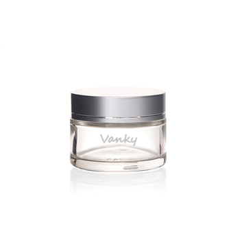 cosmetic cream round clear 30ml glass jar with silver aluminum screw top lid