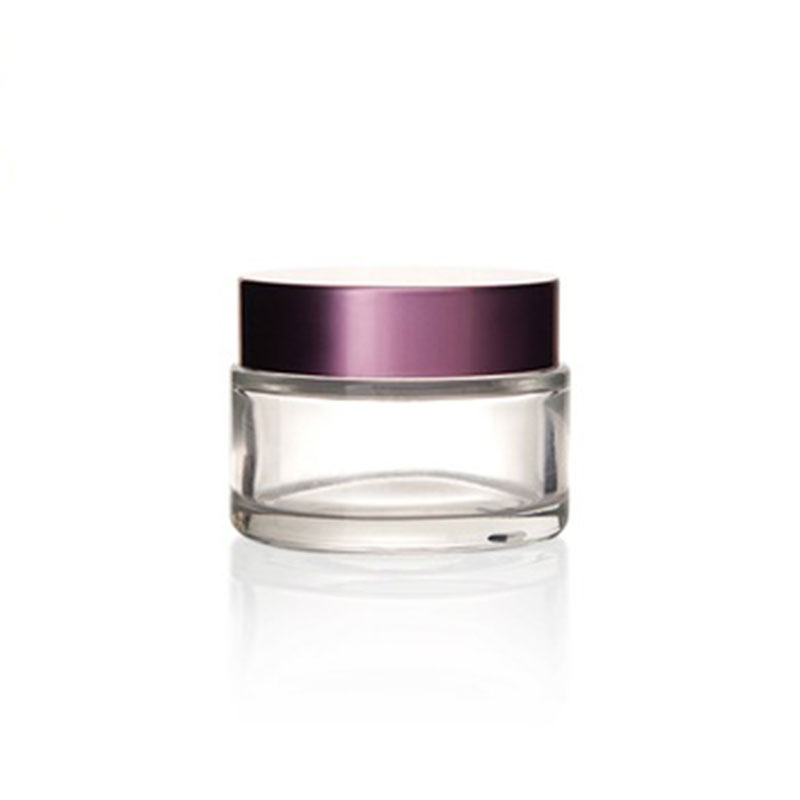 cosmetic cream round clear 30ml glass jar with silver aluminum screw top lid