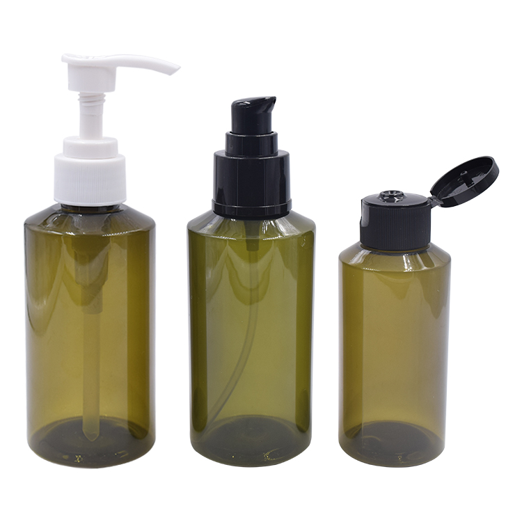 cosmetic emopty olive green pet plastic bottle lotion pump bottle flip cap bottle