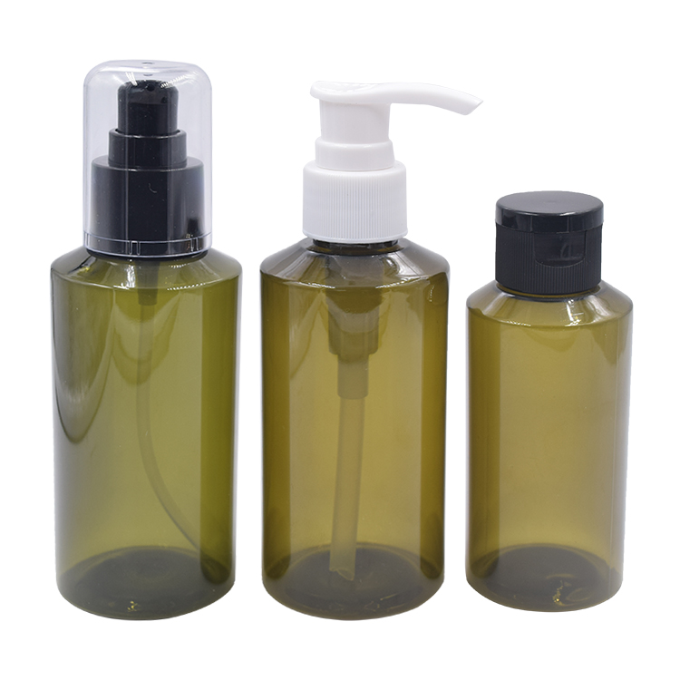 cosmetic emopty olive green pet plastic bottle lotion pump bottle flip cap bottle