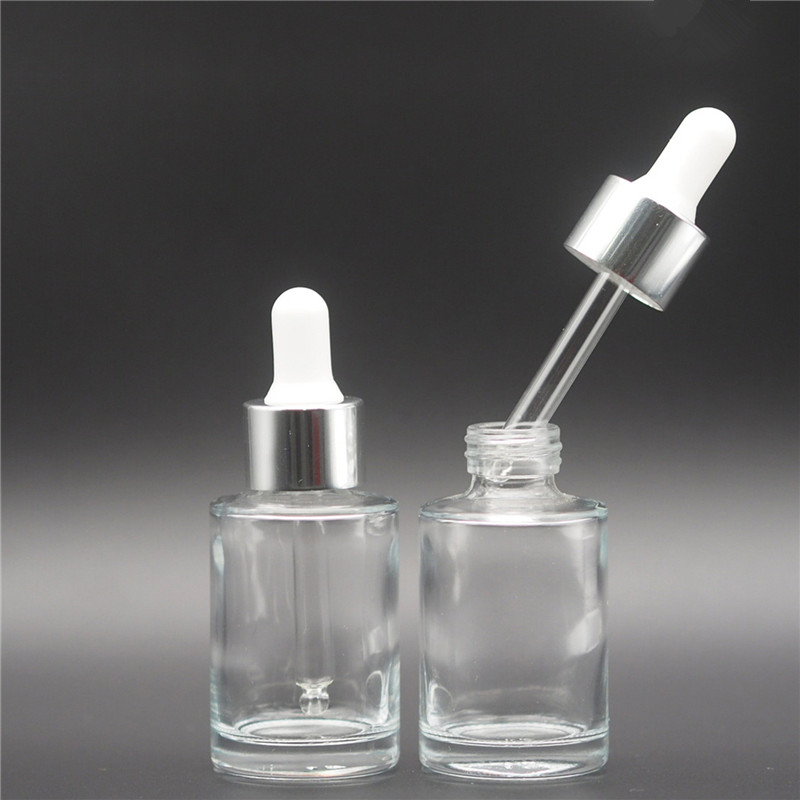 cosmetic flat shoulder 20ml 30ml clear glass dropper bottle with silver gold aluminum cap rubber dropper for serum essence oil