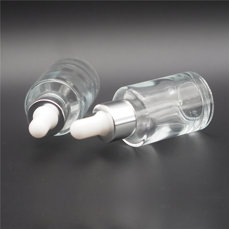 cosmetic flat shoulder 20ml 30ml clear glass dropper bottle with silver gold aluminum cap rubber dropper for serum essence oil