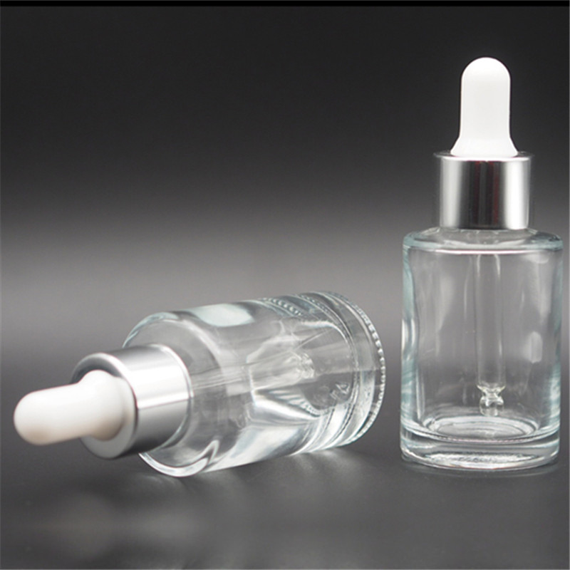 cosmetic flat shoulder 20ml 30ml clear glass dropper bottle with silver gold aluminum cap rubber dropper for serum essence oil