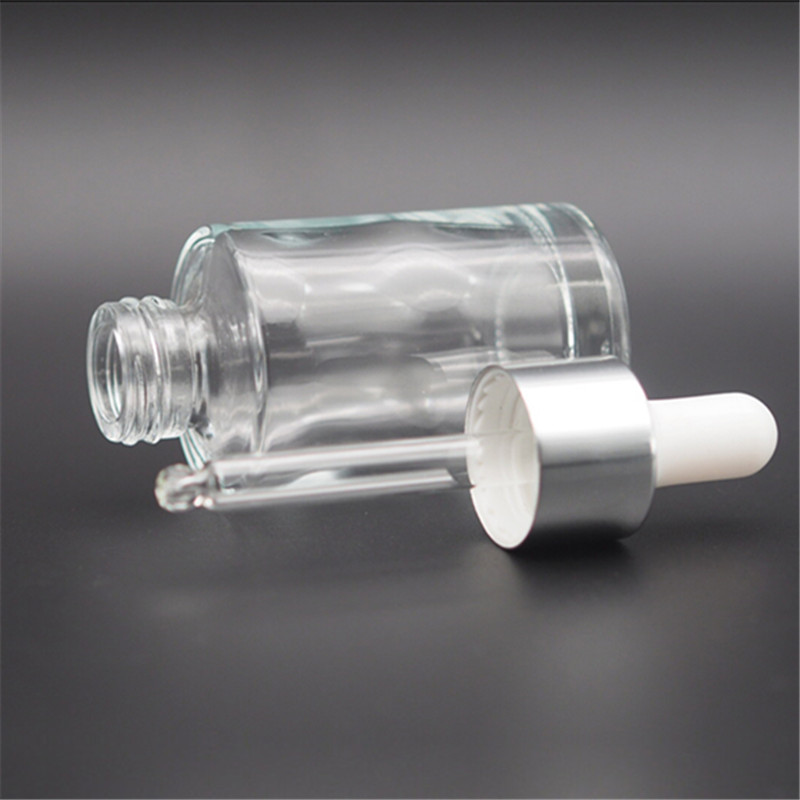 cosmetic flat shoulder 20ml 30ml clear glass dropper bottle with silver gold aluminum cap rubber dropper for serum essence oil