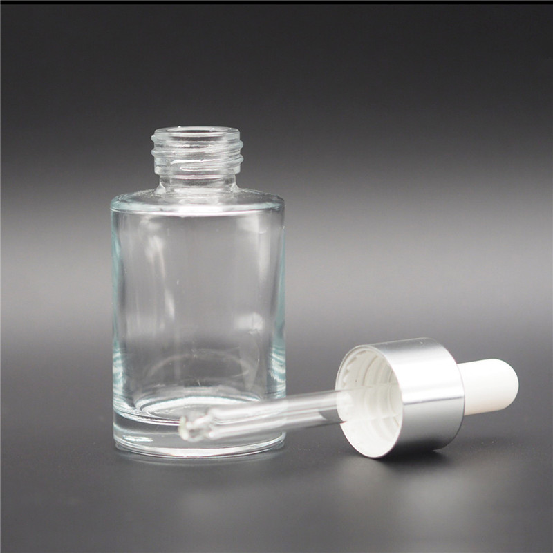 cosmetic flat shoulder 20ml 30ml clear glass dropper bottle with silver gold aluminum cap rubber dropper for serum essence oil