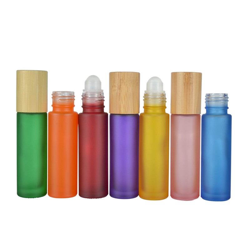 cosmetic frosted amber pink  black 10ml essential oil roll on perfume glass bottle anti-perspirant roll on bottle bamboo lid