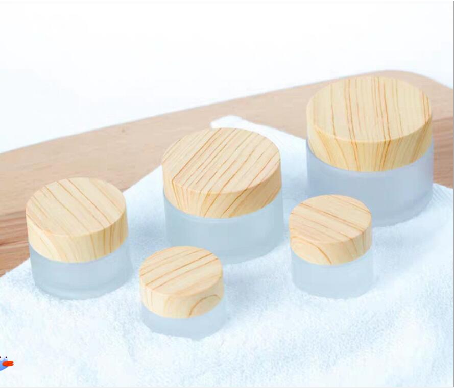 cosmetic frosted bottle glass cream jar with bamboo wood grain plastic lid