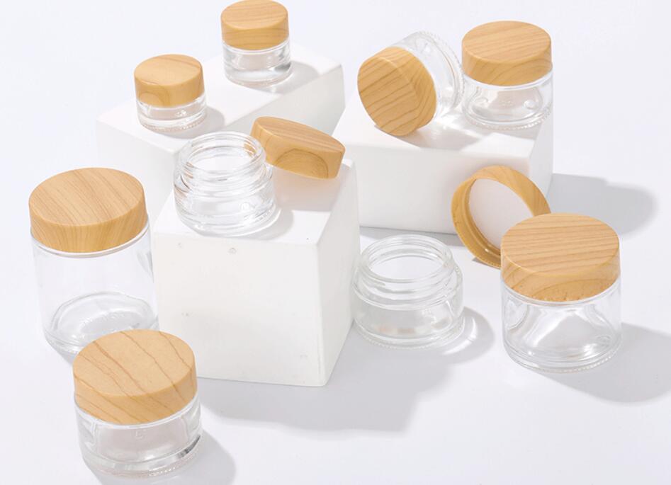 cosmetic frosted bottle glass cream jar with bamboo wood grain plastic lid