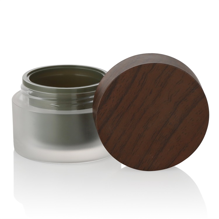 cosmetic frosted glass container with black wooden cap cosmetic eye cream lotion glass jar