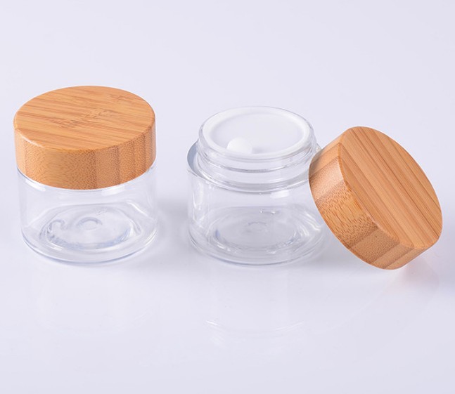 cosmetic luxury new trendy round shape wooden bamboo 10ml 20ml 50ml 80ml 100ml glass jar bamboo lid