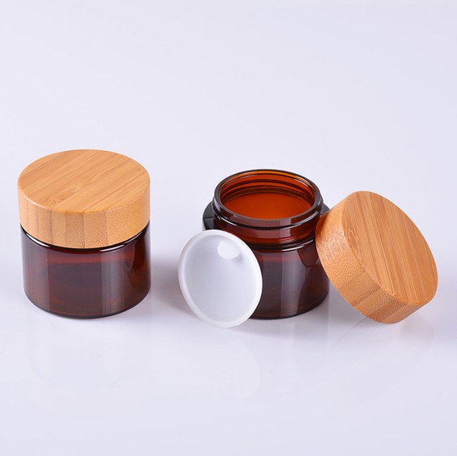 cosmetic luxury new trendy round shape wooden bamboo 10ml 20ml 50ml 80ml 100ml glass jar bamboo lid