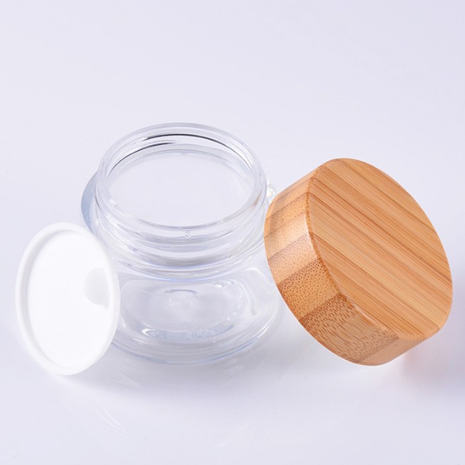 cosmetic luxury new trendy round shape wooden bamboo 10ml 20ml 50ml 80ml 100ml glass jar bamboo lid