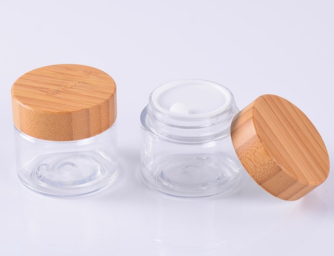 cosmetic luxury new trendy round shape wooden bamboo 10ml 20ml 50ml 80ml 100ml glass jar bamboo lid