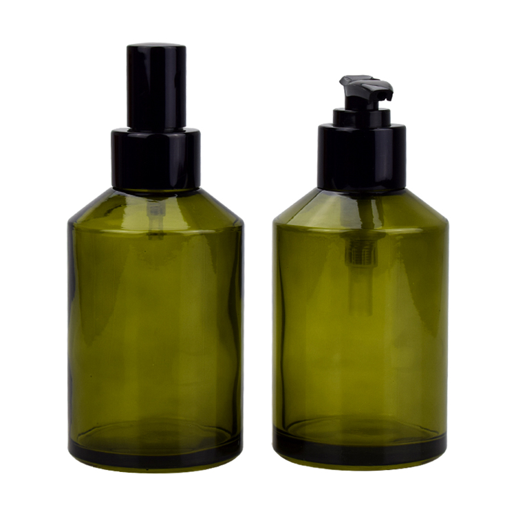 cosmetic packaging 100ml 120ml olive green glass liquid pump bottles