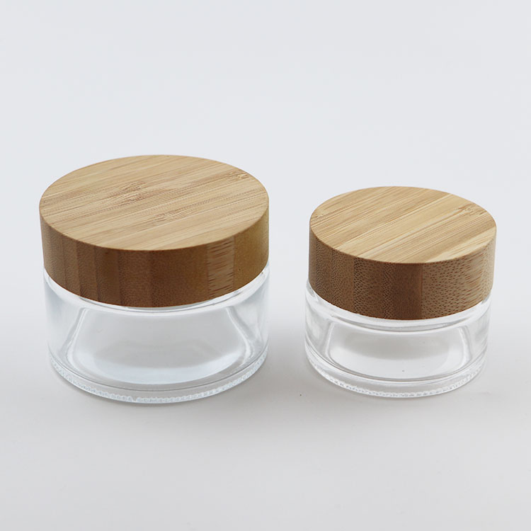 cosmetic packaging 15g 30g 50g matte frosted clear glass cosmetic face cream jar with bamboo child proof cap