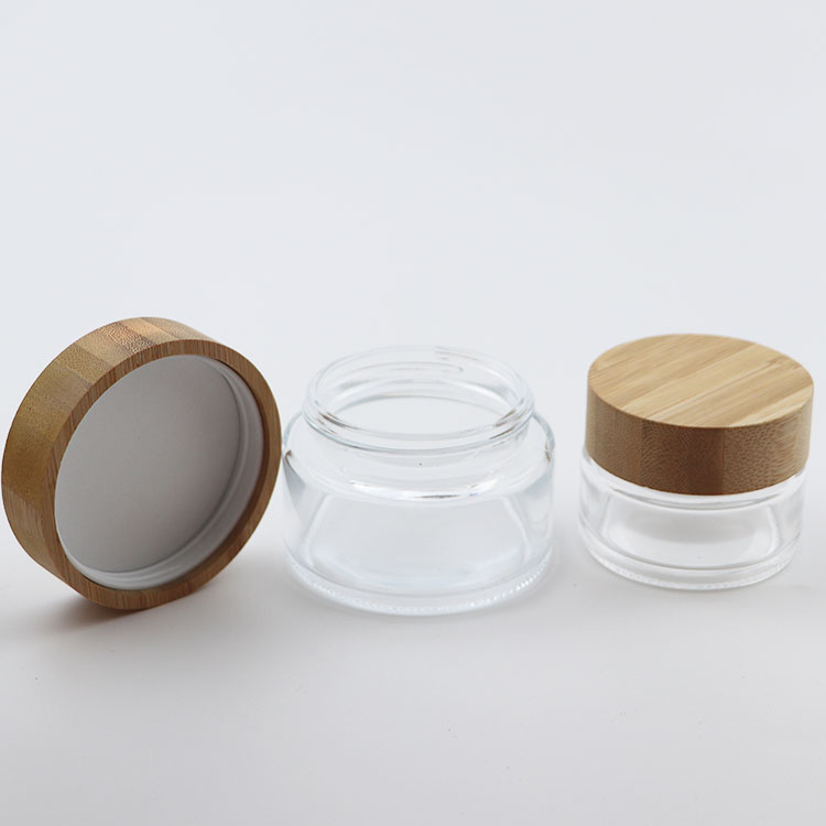 cosmetic packaging 15g 30g 50g matte frosted clear glass cosmetic face cream jar with bamboo child proof cap