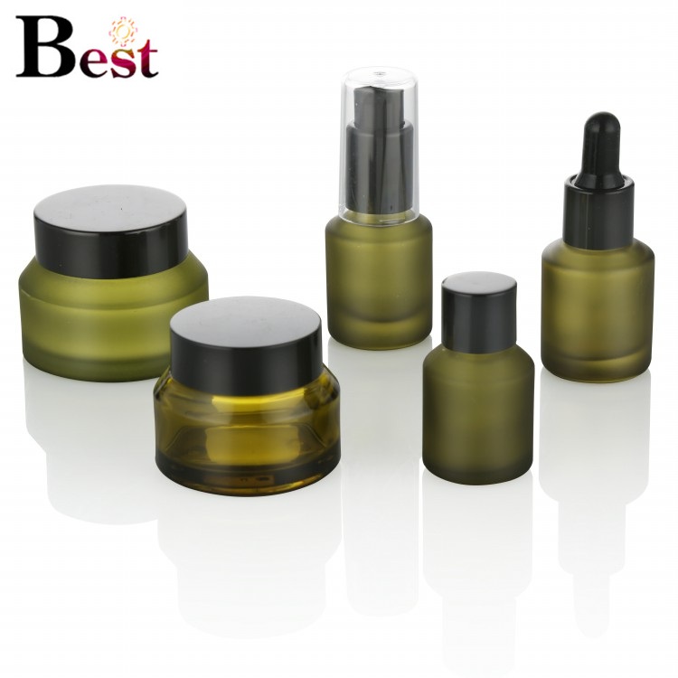 cosmetic packaging 15ml slant shoulder frosted green glass dropper bottle serum bottle