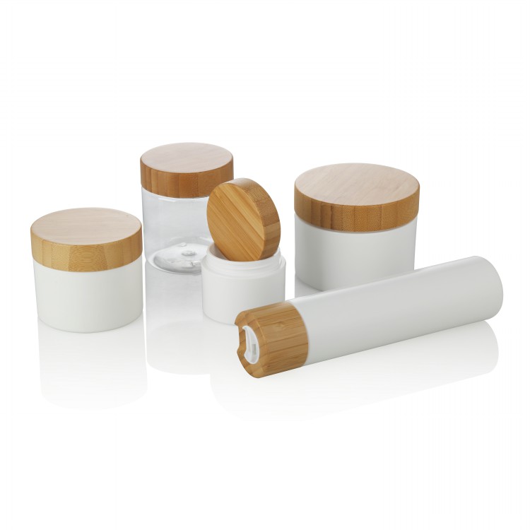 cosmetic packaging 250g transparent round pet plastic jar bamboo lid for balm salve cream