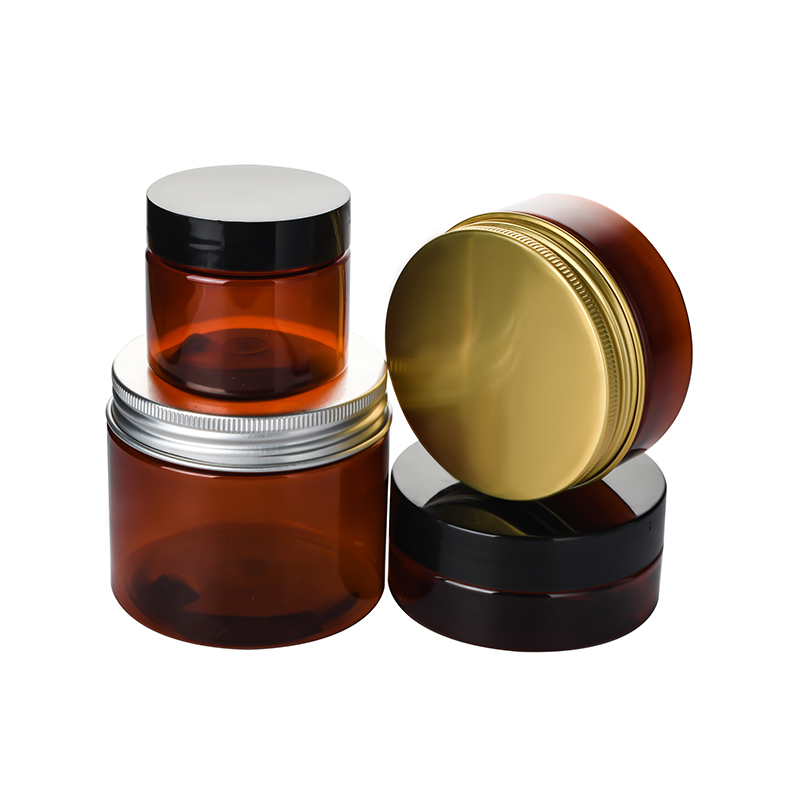 cosmetic packaging 30ml 50ml 100ml 120ml 200ml 250ml 500ml amber clear PET plastic jar with gold sliver black plastic cap