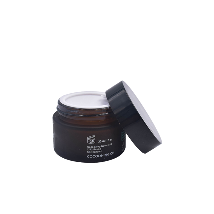 cosmetic packaging 50ml amber frosted glass jar 30ml glass cosmetic jar amber glass container with black plastic lid