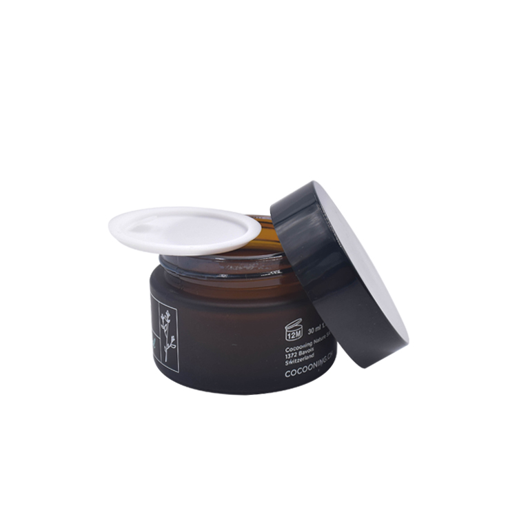 cosmetic packaging 50ml amber frosted glass jar 30ml glass cosmetic jar amber glass container with black plastic lid