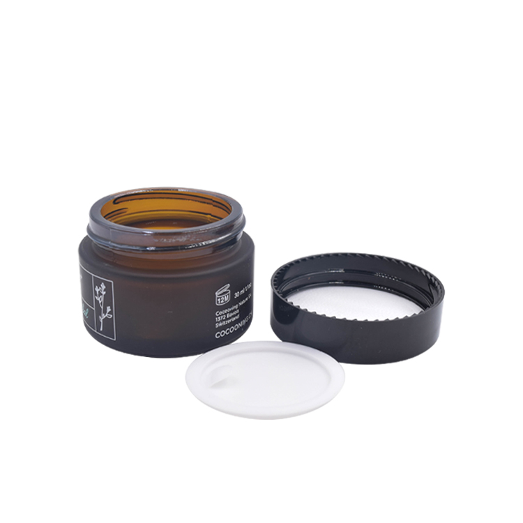 cosmetic packaging 50ml amber frosted glass jar 30ml glass cosmetic jar amber glass container with black plastic lid