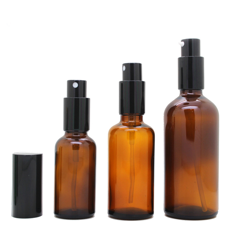 cosmetic packaging amber glass spray bottles glass bottle with black spray lid