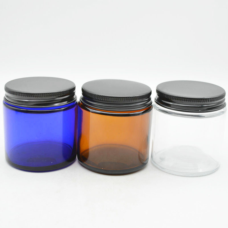 cosmetic packaging clear amber cobalt blue glass cream jar with aluminium lid 120ml