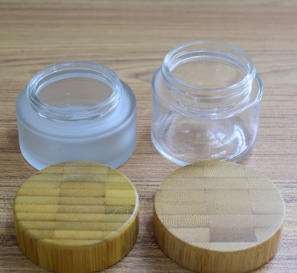 cosmetic packaging eco friendly 50ml 100ml frosted bamboo jar bamboo cosmetic jars glass jars with CR wood lid