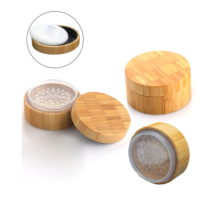 cosmetic packaging empty 30g natural wooden bamboo powder jar with sifter and puff
