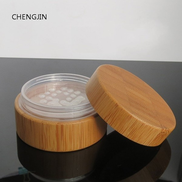 cosmetic packaging empty 30g natural wooden bamboo powder jar with sifter and puff