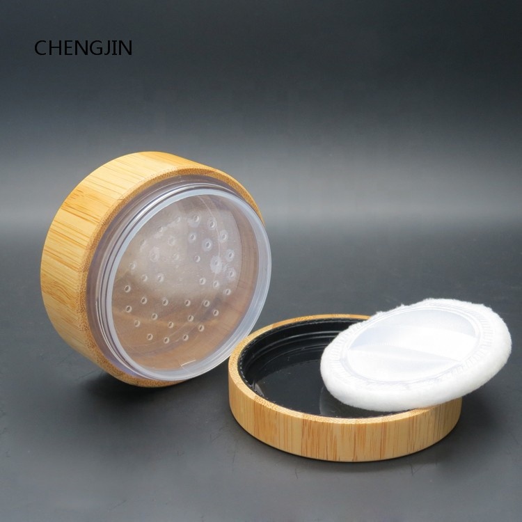 cosmetic packaging empty 30g natural wooden bamboo powder jar with sifter and puff