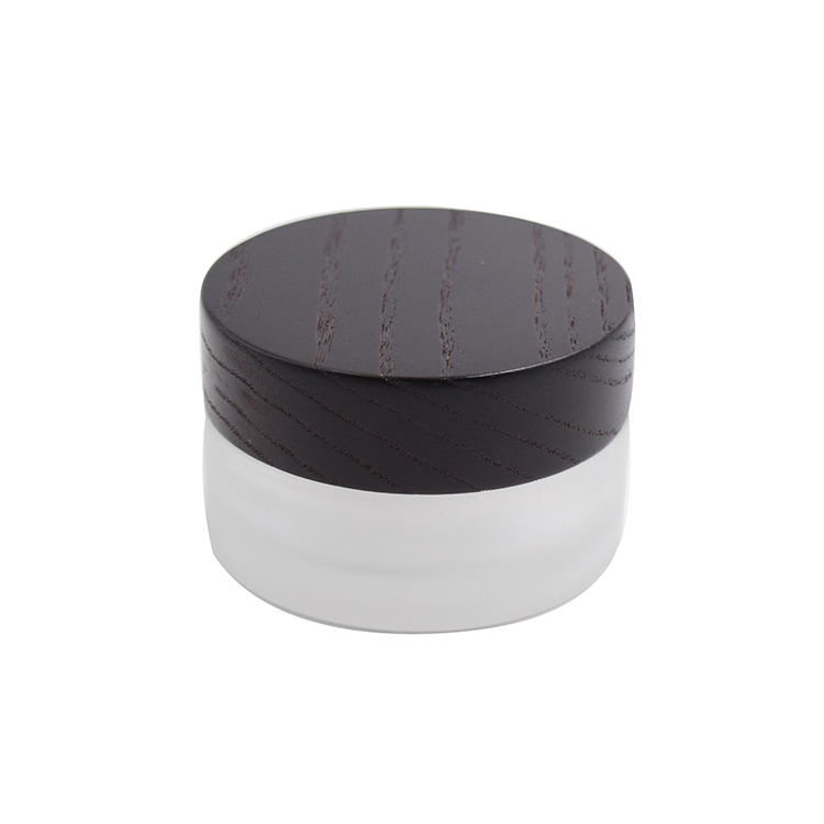 cosmetic packaging frosted glass 50ml jar with dark grey wooden lid for cream, clay, butter, salve, blam