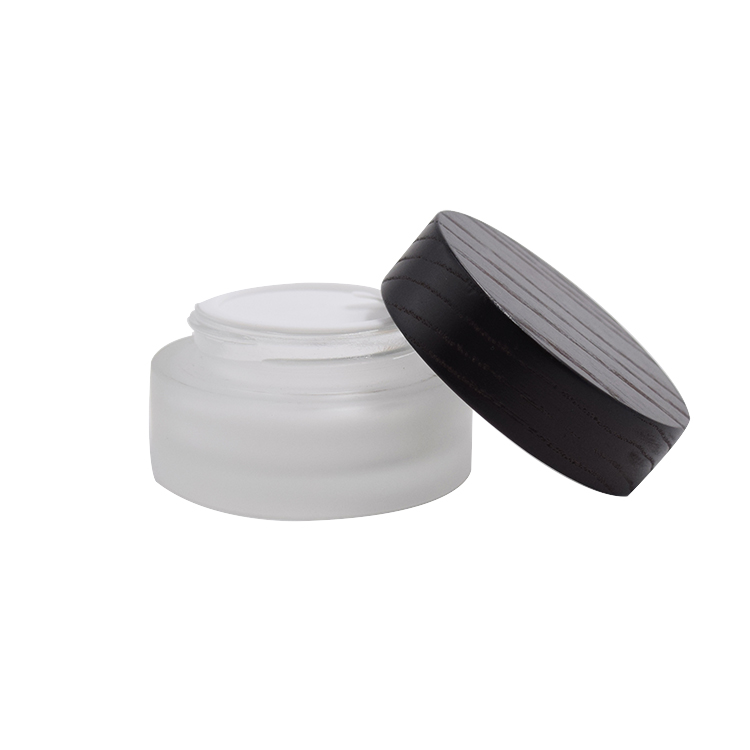 cosmetic packaging frosted glass 50ml jar with dark grey wooden lid for cream, clay, butter, salve, blam