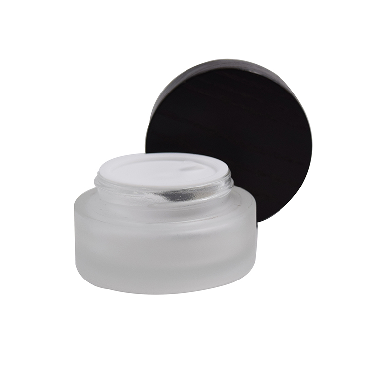cosmetic packaging frosted glass 50ml jar with dark grey wooden lid for cream, clay, butter, salve, blam