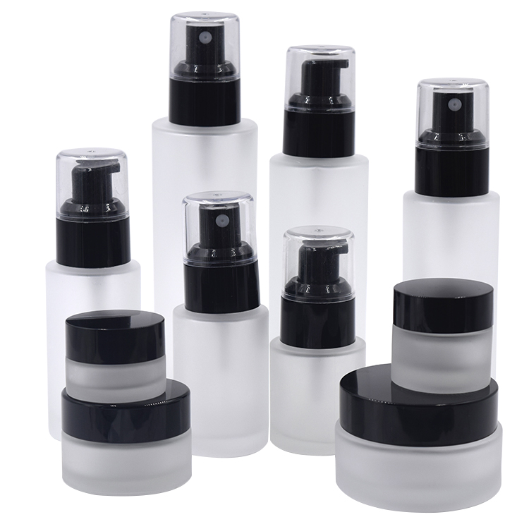 cosmetic packaging frsoted glass spray pump glass bottle round lotion bottle and jar