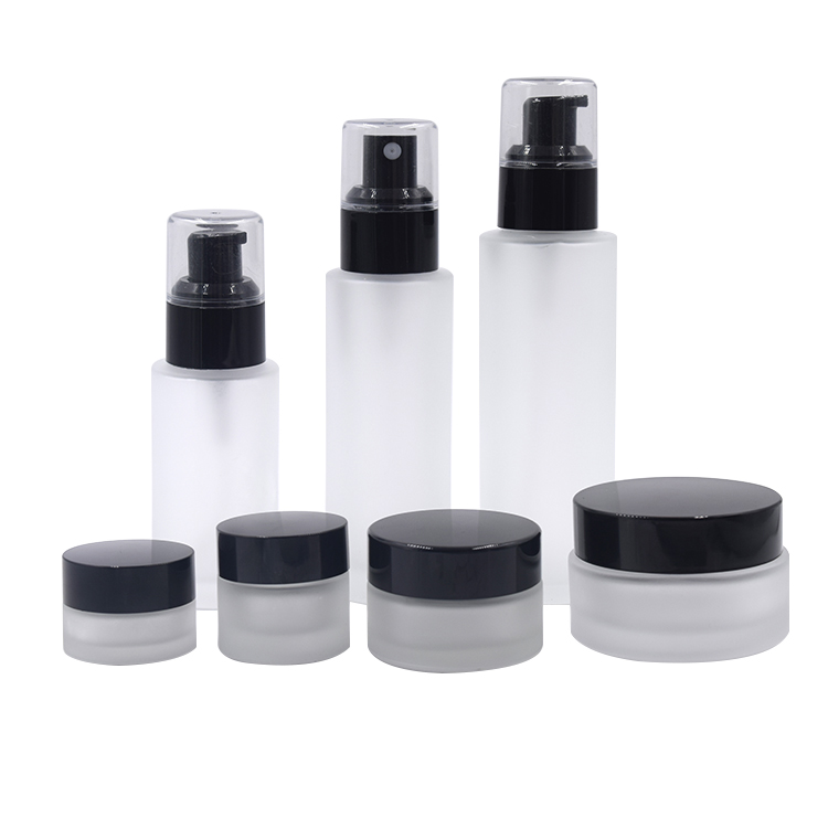 cosmetic packaging frsoted glass spray pump glass bottle round lotion bottle and jar