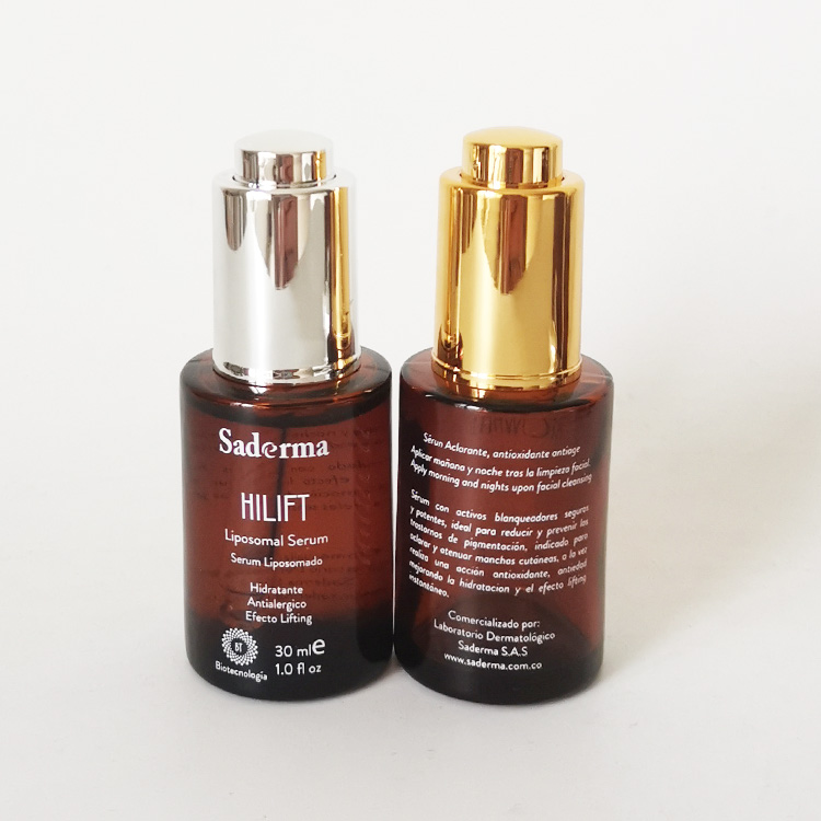 cosmetic packaging glass bottle 15ml 30ml 50ml bottle oil flat shoulder amber cosmetic container with aluminum lotion pump