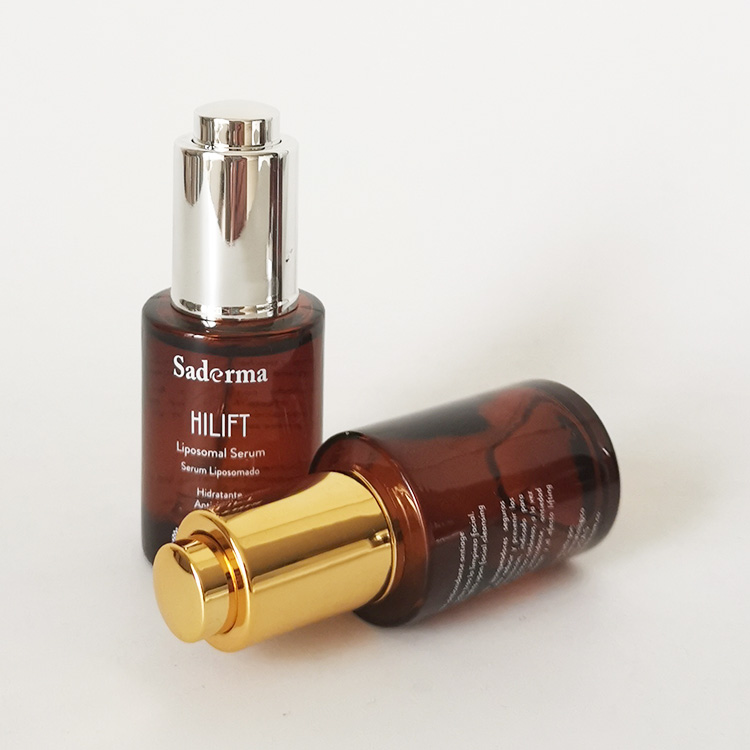 cosmetic packaging glass bottle 15ml 30ml 50ml bottle oil flat shoulder amber cosmetic container with aluminum lotion pump