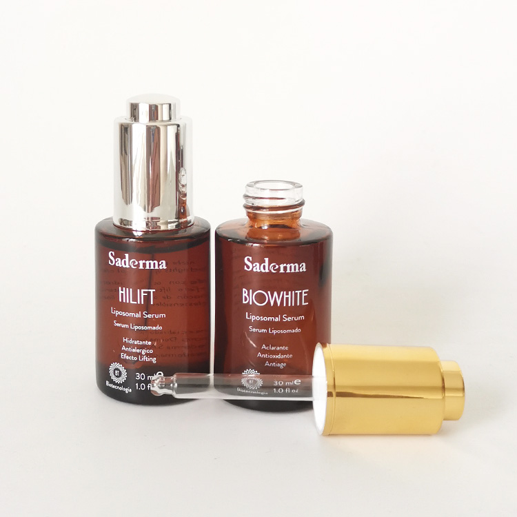 cosmetic packaging glass bottle 15ml 30ml 50ml bottle oil flat shoulder amber cosmetic container with aluminum lotion pump