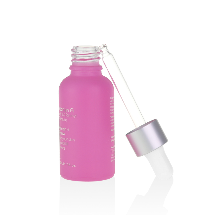 cosmetic packaging glass frosted pink dropper bottle with box