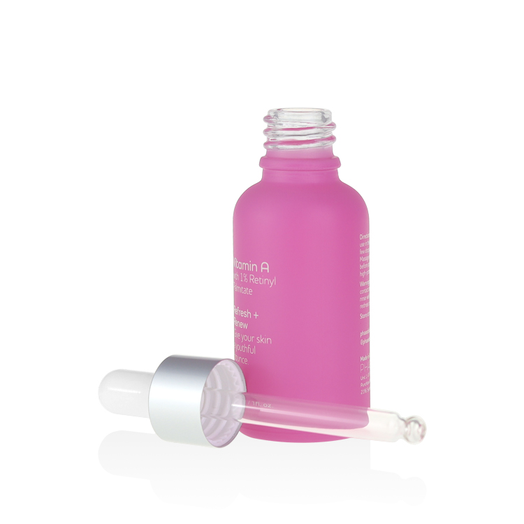 cosmetic packaging glass frosted pink dropper bottle with box