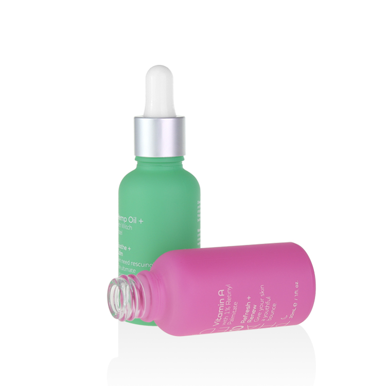 cosmetic packaging glass frosted pink dropper bottle with box