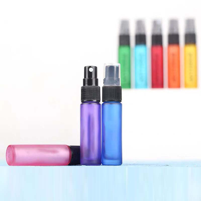 cosmetic packaging refillable perfume frosted coloured 10ml fine glass mini mist spray bottle with black cover