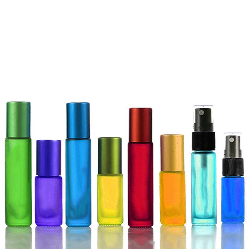 cosmetic packaging refillable perfume frosted coloured 10ml fine glass mini mist spray bottle with black cover